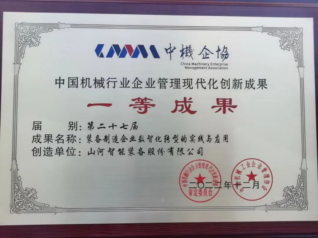 厲害！山河智能喜獲第二十七屆中國機械行業(yè)企業(yè)管理現(xiàn)代化創(chuàng)新成果一等獎